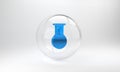 Blue Test tube and flask icon isolated on grey background. Chemical laboratory test. Laboratory glassware. Glass circle