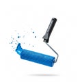 A blue texture roller, partially submerged in blue paint, is set against a white background Royalty Free Stock Photo