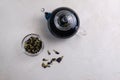 Blue Thai Anchan tea in a glass teapot. Beautiful indigo color. Copy space. Top view