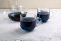 Blue Thai Anchan tea in two glass cups and a glass teapot. Beautiful indigo color. Copy space