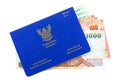 Blue Thai Work Permit book with different Thai Baht inside isolated on white.