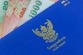 Blue Thai Work Permit book & x28;WP.11& x29; on Thai Baht banknote money