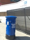 Blue thank you NHS postbox outside st Thomas hospital in London, where Boris Johnson was treated.