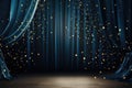 Blue theater curtain with golden spotlight. Stage background. 3D Rendering, Spotlight on blue curtain background and falling Royalty Free Stock Photo