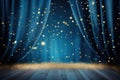 Blue theater curtain with golden stars and wooden floor, 3d render, Spotlight on a blue curtain background and falling golden Royalty Free Stock Photo