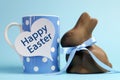 Blue theme Happy Easter polka dot breakfast coffee mug with chocolate bunny rabbit