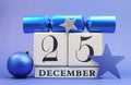 Blue theme Save the Date calendar for Christmas Day, December 25.