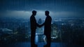 Blue-themed handshake, Global business silhouettes meet in finance city