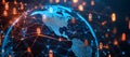 A blue-themed image showing a digital globe with connecting people icons, framed by code and data streams.