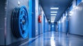 The blue industrial hallway.AI generated image Royalty Free Stock Photo