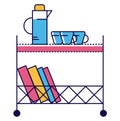 Blue thermos and cups on shelf with colorful books on trolley. Office break time and organization. Vector illustration