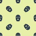 Blue Thief mask icon isolated seamless pattern on yellow background. Bandit mask, criminal man. Vector Illustration Royalty Free Stock Photo