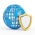 Blue Wireframe Globe with Golden Shield on White Background earth world Royalty Free Stock Photo