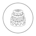 Blue three-ply cake icon in outline style isolated on white background. Cakes symbol stock vector illustration.