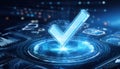 Blue tick symbol on digital circuit floating above high-tech financial dashboard display Royalty Free Stock Photo