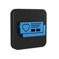 Blue Ticket with heart icon isolated on transparent background. Boarding pass with heart. Black square button.