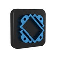 Blue Ticket icon isolated on transparent background. Amusement park. Black square button.