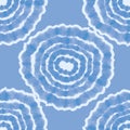 Blue tie dye circles background. Seamless hand painted pattern tie dye shibori print. Textured batik fabric. Vector Royalty Free Stock Photo