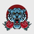the blue tiger head angry expression with a roses illustration Royalty Free Stock Photo