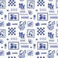 Blue tile summer seamless pattern. Abstract checkered elements, framed fruits. Vector mosaic background