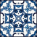 Blue Tiles Background, Old Fasion Retro Azulejo Mosaic Tile, Vintage Portuguese Wall Ceramic Seamless Pattern