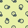 Blue Time is money icon isolated seamless pattern on yellow background. Money is time. Effective time management Royalty Free Stock Photo