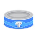 Blue tin can with a mushroom icon on the label. Realistic canned food product concept. Preserved food and groceries