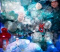 Blue tint bokeh Christmas background with tree decor Royalty Free Stock Photo