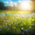 Blue tiny flowers on spring blooming meadow with flying butterflies. Banner of a fresh blooming forget-me-not in the sunshine. Royalty Free Stock Photo