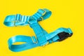 Blue tissue dog harness with silver metal fittings isolated on yellow background. For a safe trip and walk with your pet. Pet