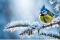 Blue Tit Perched on Frost-Covered Branch: Meticulous Feather Detail Amid Soft Focus Bokeh Royalty Free Stock Photo