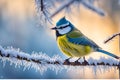 Blue Tit Perched on Frost-Covered Branch: Meticulous Feather Detail Amid Soft Focus Bokeh Royalty Free Stock Photo