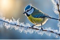 Blue Tit Perched on Frost-Covered Branch: Meticulous Feather Detail Amid Soft Focus Bokeh Royalty Free Stock Photo