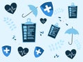 Blue tone background with protection and health symbols, umbrella and shield and heartbeat with health check results and pills.