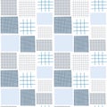 Blue tone geometric square quilt pattern. Blue and grey checkered background.