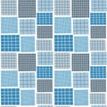 Blue tone geometric square quilt pattern. Blue and grey checkered background.