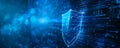 Blue-toned cyber security background with a digital shield, binary code, and abstract lines Royalty Free Stock Photo