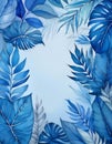 Blue-toned tropical leaves arranged in a circular pattern on a light background, showcasing intricate details and textures Royalty Free Stock Photo