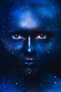 Blue tones portrait of cute woman with dark face art Royalty Free Stock Photo