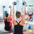 Blue toning ball in women pilates class rear view Royalty Free Stock Photo