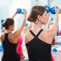 Blue toning ball in women pilates class rear view Royalty Free Stock Photo