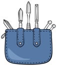 Blue tool bag with assorted sculpting tools, carving equipment, engraving set and sharp utensils in a cartoon style Royalty Free Stock Photo
