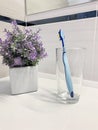 Blue toothbrush in glass for brushing the teeth. Royalty Free Stock Photo