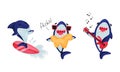 Blue Toothy Cartoon Shark Playing Guitar and Surfboarding Vector Set Royalty Free Stock Photo