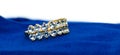 Blue Topaz Jewel or gems ring on velvet bag. Collection of natural gemstones accessories. Studio shot Royalty Free Stock Photo