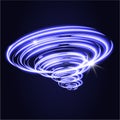 Blue tornado, swirling storm cone of stardust sparkles on dark background. Blue spiral hurricane with light effect