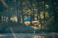 Blue tourist camping tent on bank of little natural lake in forest, foggy morning, backlight beautiful summer sunrise, background Royalty Free Stock Photo