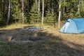 Blue tourist tent and White birch trunks for a bonfire are by a fireplace in the meadow in sunny summer day Royalty Free Stock Photo