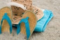 Blue Towel, Sandals and Straw Hat in the Sand Royalty Free Stock Photo