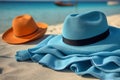 Blue towel summer hat on pool. Generate Ai Royalty Free Stock Photo